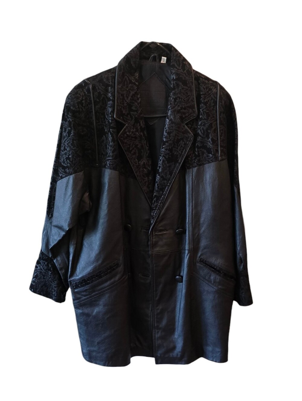 💜 PRESTON & YORK Women's Long Black Leather & Velvet Coat Jacket 90s Y2k Tooled